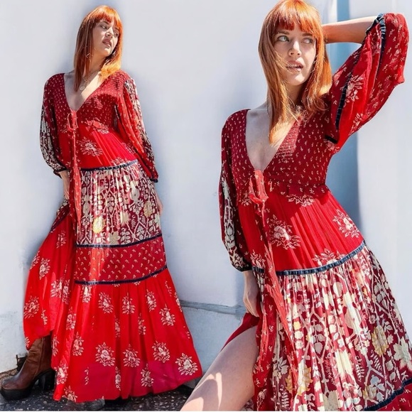Free People Dresses & Skirts - Free People Bali Laurel Bohemian Long Sleeve Red Maxi Dress - $298